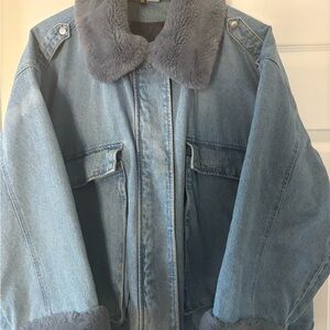 H&M Light Blue Denim Jacket with Gray Faux Fur Trim